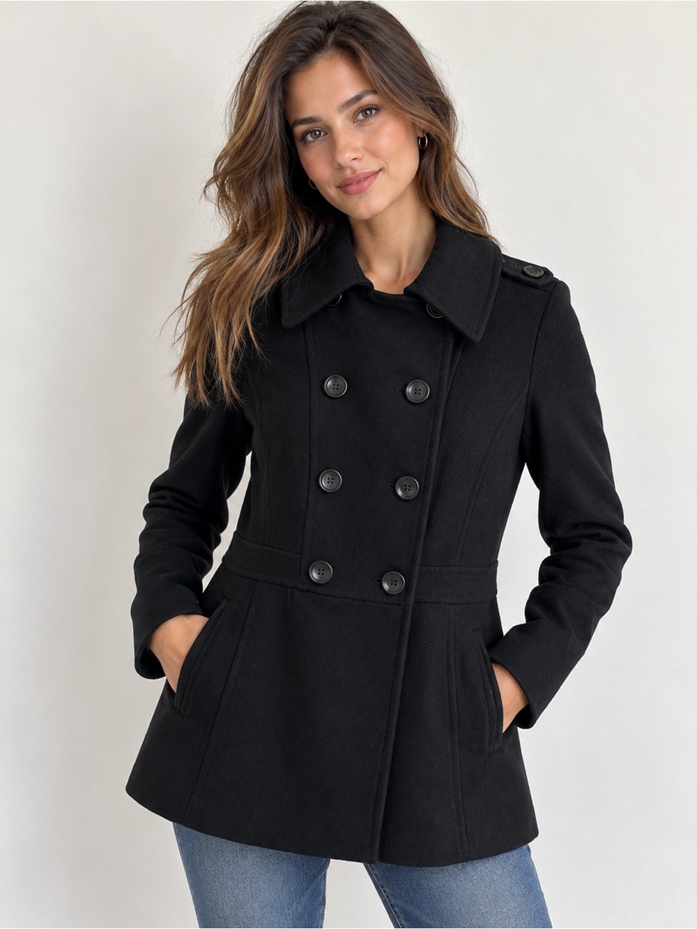 Michael Michael Kors Black Wool Blend Peacoat Women’s S Double Breasted Coat